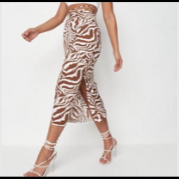 Missguided zebra print tie waist midi brown skirt with slit (size 6/M) - Picture 2 of 6